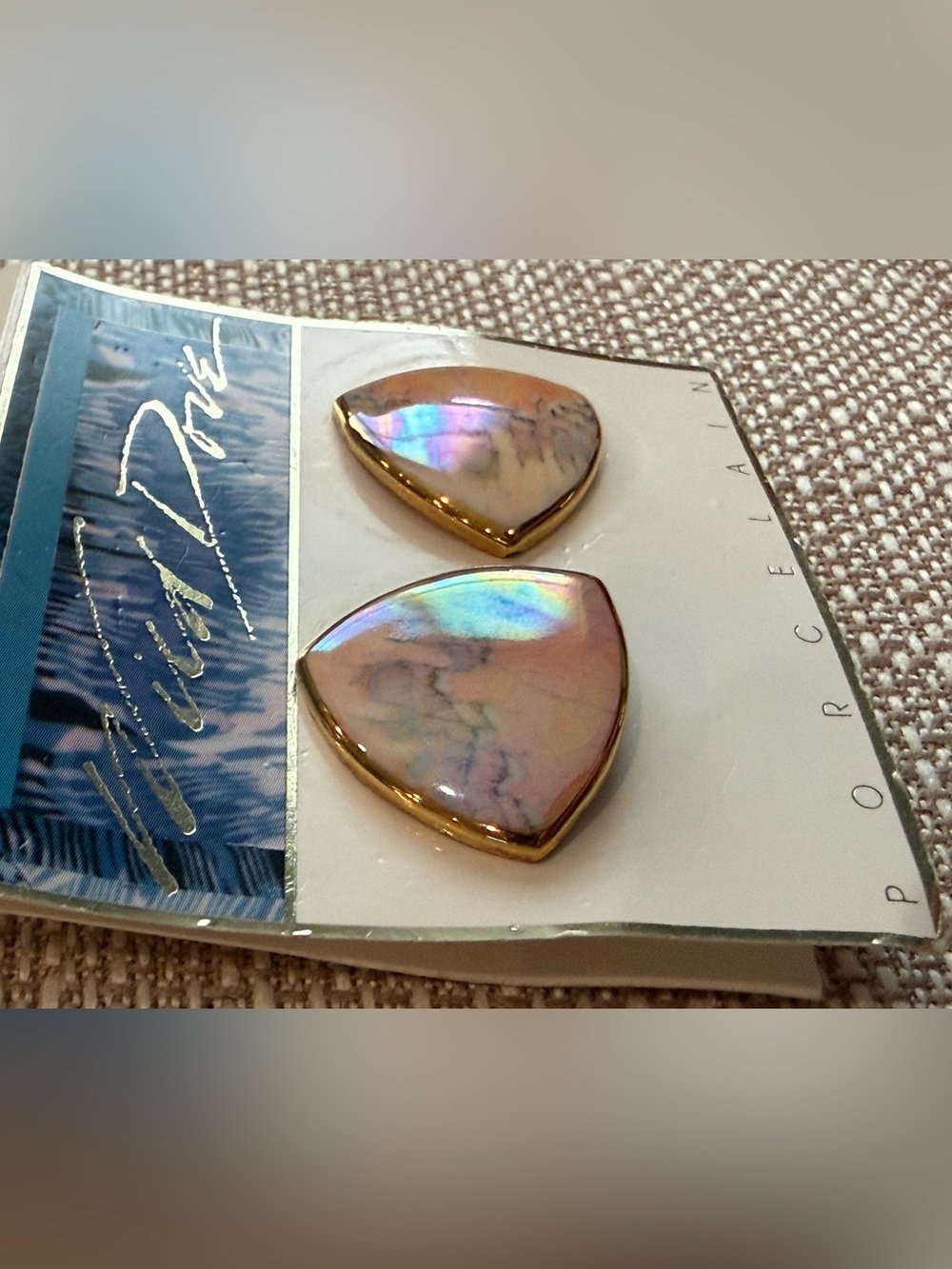 Wild Dove 22KT Gold accent Porcelain Pink Marbled Triangle Earring New Old Stock - Picture 3 of 6